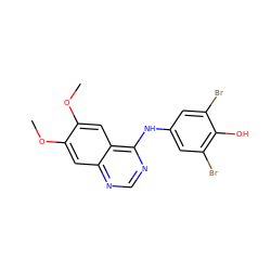 COc1cc2ncnc(Nc3cc(Br)c(O)c(Br)c3)c2cc1OC ZINC000001488513