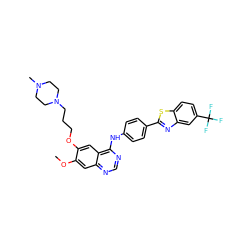 COc1cc2ncnc(Nc3ccc(-c4nc5cc(C(F)(F)F)ccc5s4)cc3)c2cc1OCCCN1CCN(C)CC1 ZINC000049756669