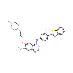 COc1cc2ncnc(Nc3ccc(-c4nc5ccccc5s4)c(F)c3)c2cc1OCCCN1CCN(C)CC1 ZINC000049756818