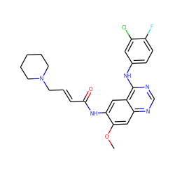 COc1cc2ncnc(Nc3ccc(F)c(Cl)c3)c2cc1NC(=O)/C=C/CN1CCCCC1 ZINC000072266312