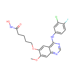 COc1cc2ncnc(Nc3ccc(F)c(Cl)c3)c2cc1OCCCCC(=O)NO ZINC000045366482