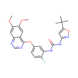 COc1cc2ncnc(Oc3ccc(F)c(NC(=O)Nc4cc(C(C)(C)C)on4)c3)c2cc1OC ZINC000072183824