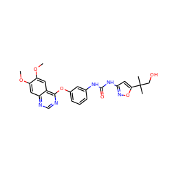 COc1cc2ncnc(Oc3cccc(NC(=O)Nc4cc(C(C)(C)CO)on4)c3)c2cc1OC ZINC000084668607