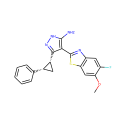 COc1cc2sc(-c3c([C@@H]4C[C@@H]4c4ccccc4)n[nH]c3N)nc2cc1F ZINC000114399620