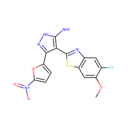 COc1cc2sc(-c3c(-c4ccc([N+](=O)[O-])o4)n[nH]c3N)nc2cc1F ZINC000114398494