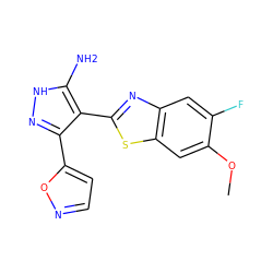 COc1cc2sc(-c3c(-c4ccno4)n[nH]c3N)nc2cc1F ZINC000114409486