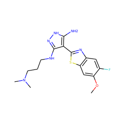 COc1cc2sc(-c3c(NCCCN(C)C)n[nH]c3N)nc2cc1F ZINC000114399514