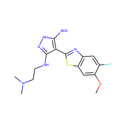 COc1cc2sc(-c3c(NCCN(C)C)n[nH]c3N)nc2cc1F ZINC000114400896