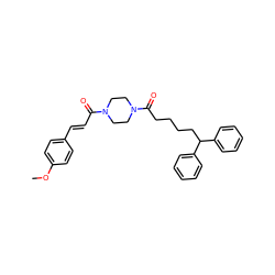 COc1ccc(/C=C/C(=O)N2CCN(C(=O)CCCCC(c3ccccc3)c3ccccc3)CC2)cc1 ZINC000049054570