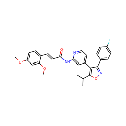 COc1ccc(/C=C/C(=O)Nc2cc(-c3c(-c4ccc(F)cc4)noc3C(C)C)ccn2)c(OC)c1 ZINC000045255769