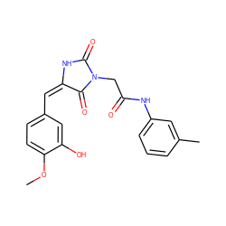 COc1ccc(/C=C2/NC(=O)N(CC(=O)Nc3cccc(C)c3)C2=O)cc1O ZINC000013116680