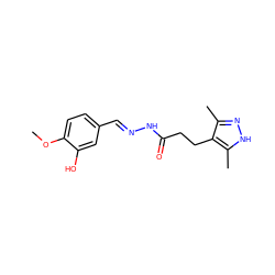 COc1ccc(/C=N/NC(=O)CCc2c(C)n[nH]c2C)cc1O ZINC000000055752