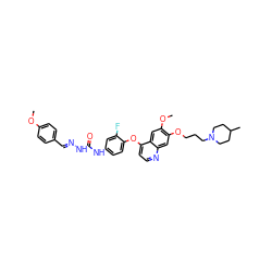 COc1ccc(/C=N/NC(=O)Nc2ccc(Oc3ccnc4cc(OCCCN5CCC(C)CC5)c(OC)cc34)c(F)c2)cc1 ZINC000653813144