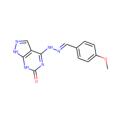 COc1ccc(/C=N/Nc2nc(=O)[nH]c3[nH]ncc23)cc1 ZINC000008566797