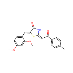 COc1ccc(/C=c2\s/c(=C/C(=O)c3ccc(C)cc3)[nH]c2=O)c(OC)c1 ZINC000100512886