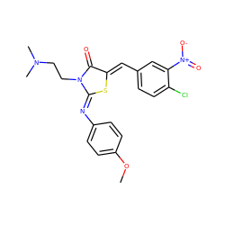 COc1ccc(/N=C2\S/C(=C\c3ccc(Cl)c([N+](=O)[O-])c3)C(=O)N2CCN(C)C)cc1 ZINC000102466694