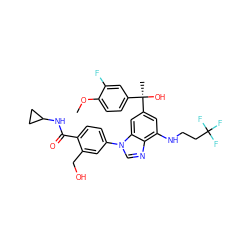 COc1ccc([C@@](C)(O)c2cc(NCCC(F)(F)F)c3ncn(-c4ccc(C(=O)NC5CC5)c(CO)c4)c3c2)cc1F ZINC000148661914