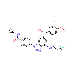 COc1ccc([C@@H](O)c2cc(NCCC(F)(F)F)c3ncn(-c4ccc(C(=O)NC5CC5)c(C)c4)c3c2)cc1F ZINC000147725523