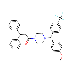 COc1ccc([C@@H](c2ccc(C(F)(F)F)cc2)N2CCN(C(=O)CC(c3ccccc3)c3ccccc3)CC2)cc1 ZINC000137195202