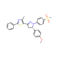 COc1ccc([C@@H]2CC(c3sc(-c4ccccc4)nc3C)=NN2c2ccc(S(C)(=O)=O)cc2)cc1 ZINC000653861699