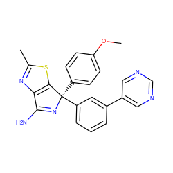 COc1ccc([C@]2(c3cccc(-c4cncnc4)c3)N=C(N)c3nc(C)sc32)cc1 ZINC000095921168