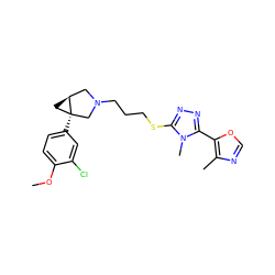 COc1ccc([C@]23C[C@H]2CN(CCCSc2nnc(-c4ocnc4C)n2C)C3)cc1Cl ZINC000049021625