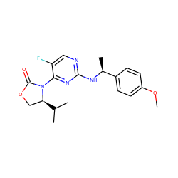 COc1ccc([C@H](C)Nc2ncc(F)c(N3C(=O)OC[C@@H]3C(C)C)n2)cc1 ZINC000142165343