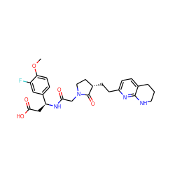 COc1ccc([C@H](CC(=O)O)NC(=O)CN2CC[C@H](CCc3ccc4c(n3)NCCC4)C2=O)cc1F ZINC000013436114
