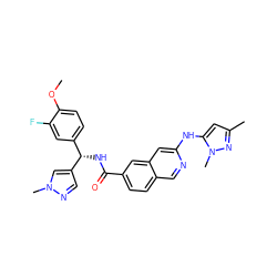 COc1ccc([C@H](NC(=O)c2ccc3cnc(Nc4cc(C)nn4C)cc3c2)c2cnn(C)c2)cc1F ZINC000205444004