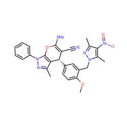 COc1ccc([C@H]2C(C#N)=C(N)Oc3c2c(C)nn3-c2ccccc2)cc1Cn1nc(C)c([N+](=O)[O-])c1C ZINC000000649875