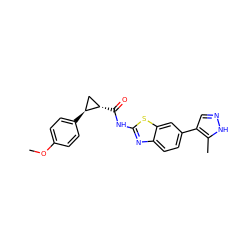 COc1ccc([C@H]2C[C@@H]2C(=O)Nc2nc3ccc(-c4cn[nH]c4C)cc3s2)cc1 ZINC000103290053