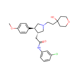 COc1ccc([C@H]2CN(CCC3(O)CCOCC3)C[C@@H]2CC(=O)Nc2cccc(Cl)c2)cc1 ZINC000071329525