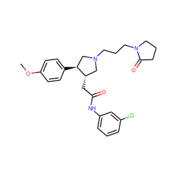 COc1ccc([C@H]2CN(CCCN3CCCC3=O)C[C@@H]2CC(=O)Nc2cccc(Cl)c2)cc1 ZINC000071329217