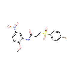 COc1ccc([N+](=O)[O-])cc1NC(=O)CCS(=O)(=O)c1ccc(Br)cc1 ZINC000002940552