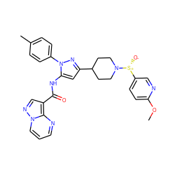 COc1ccc([S@@+]([O-])N2CCC(c3cc(NC(=O)c4cnn5cccnc45)n(-c4ccc(C)cc4)n3)CC2)cn1 ZINC000143384043