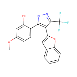 COc1ccc(-c2[nH]nc(C(F)(F)F)c2-c2cc3ccccc3o2)c(O)c1 ZINC000018209073