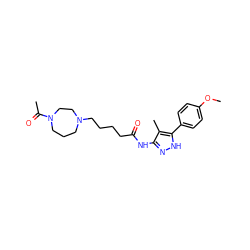 COc1ccc(-c2[nH]nc(NC(=O)CCCCN3CCCN(C(C)=O)CC3)c2C)cc1 ZINC000084741230