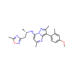 COc1ccc(-c2c(C)nn3c(N[C@@H](C)Cc4noc(C)n4)cc(C)nc23)c(C)c1 ZINC000034629870