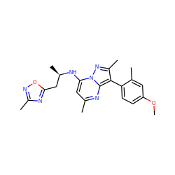 COc1ccc(-c2c(C)nn3c(N[C@H](C)Cc4nc(C)no4)cc(C)nc23)c(C)c1 ZINC000035951264