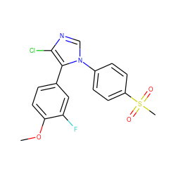 COc1ccc(-c2c(Cl)ncn2-c2ccc(S(C)(=O)=O)cc2)cc1F ZINC000013525205