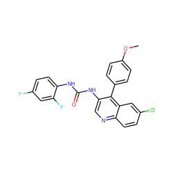 COc1ccc(-c2c(NC(=O)Nc3ccc(F)cc3F)cnc3ccc(Cl)cc23)cc1 ZINC000013737640