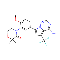 COc1ccc(-c2cc(C(F)(F)F)c3c(N)ncnn23)cc1N1CCOC(C)(C)C1=O ZINC001772601429