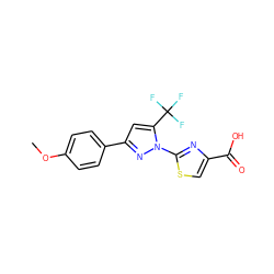 COc1ccc(-c2cc(C(F)(F)F)n(-c3nc(C(=O)O)cs3)n2)cc1 ZINC000004477279