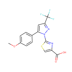COc1ccc(-c2cc(C(F)(F)F)nn2-c2nc(C(=O)O)cs2)cc1 ZINC000006006976