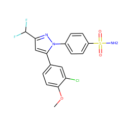 COc1ccc(-c2cc(C(F)F)nn2-c2ccc(S(N)(=O)=O)cc2)cc1Cl ZINC000013761821