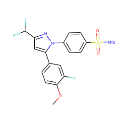 COc1ccc(-c2cc(C(F)F)nn2-c2ccc(S(N)(=O)=O)cc2)cc1F ZINC000000607803