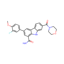 COc1ccc(-c2cc(C(N)=O)c3[nH]c4cc(C(=O)N5CCOCC5)ccc4c3c2)cc1F ZINC000113199223