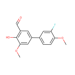 COc1ccc(-c2cc(C=O)c(O)c(OC)c2)cc1F ZINC000169699580