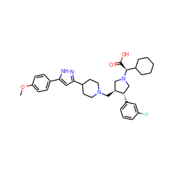 COc1ccc(-c2cc(C3CCN(C[C@H]4CN([C@@H](C(=O)O)C5CCCCC5)C[C@@H]4c4cccc(F)c4)CC3)n[nH]2)cc1 ZINC000028008611