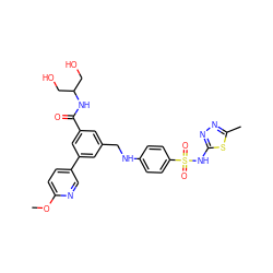 COc1ccc(-c2cc(CNc3ccc(S(=O)(=O)Nc4nnc(C)s4)cc3)cc(C(=O)NC(CO)CO)c2)cn1 ZINC000473129760